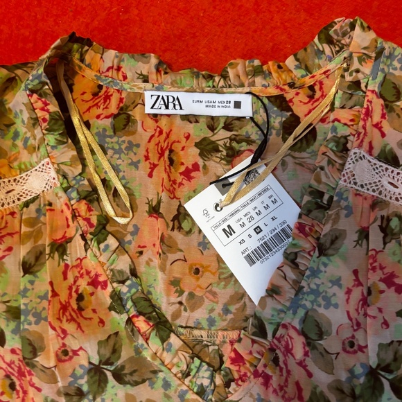 Zara peasant warm colours floral ruffles and lace low wasted mini dress NWT - Picture 5 of 11